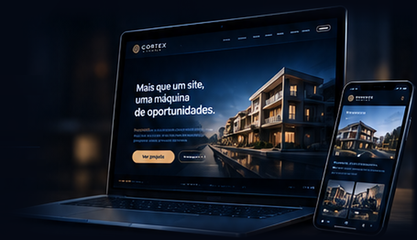 Mockup de site Cortex aberto em notebook e celular